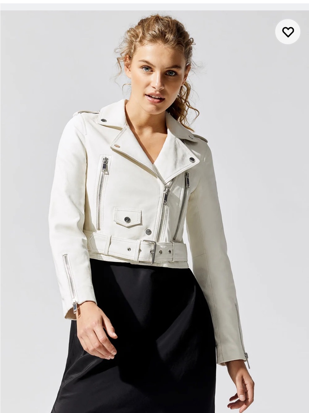 Women's White Cropped Leather Moto Jacket with Belt